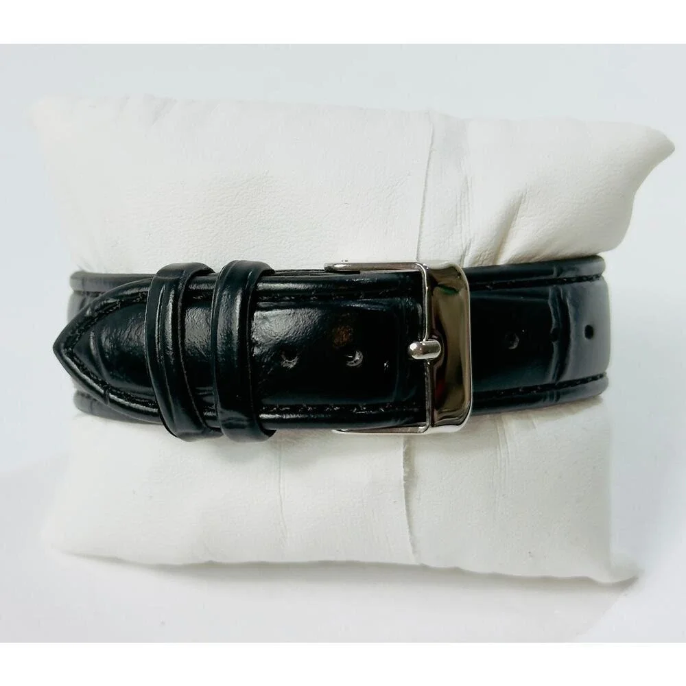 HELLO KITTY Watch Charms Silver Crystal‎ Bezel Kitty Black Leather Strap Y2K